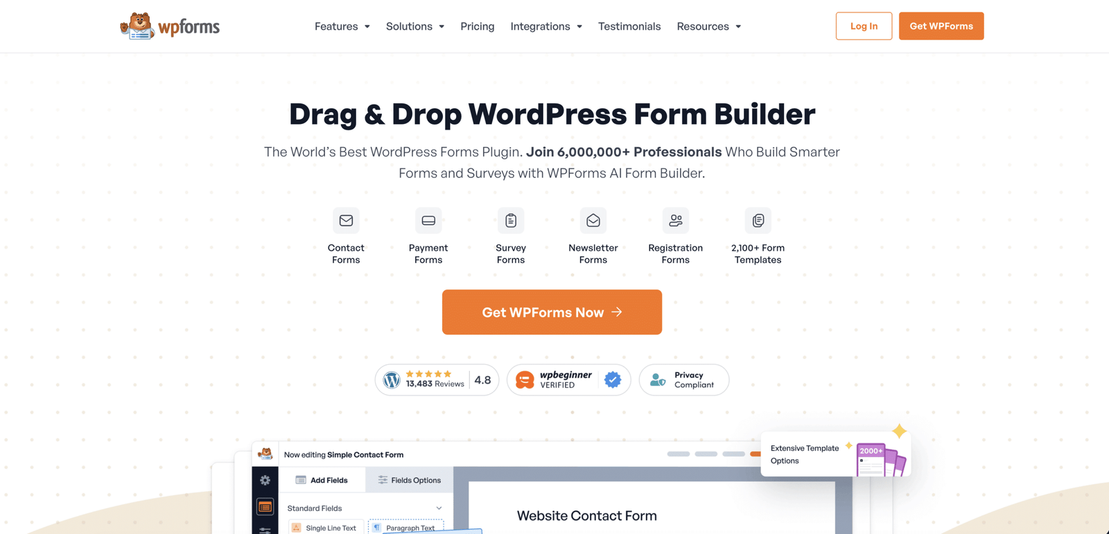 Image showing WPForms website homepage.