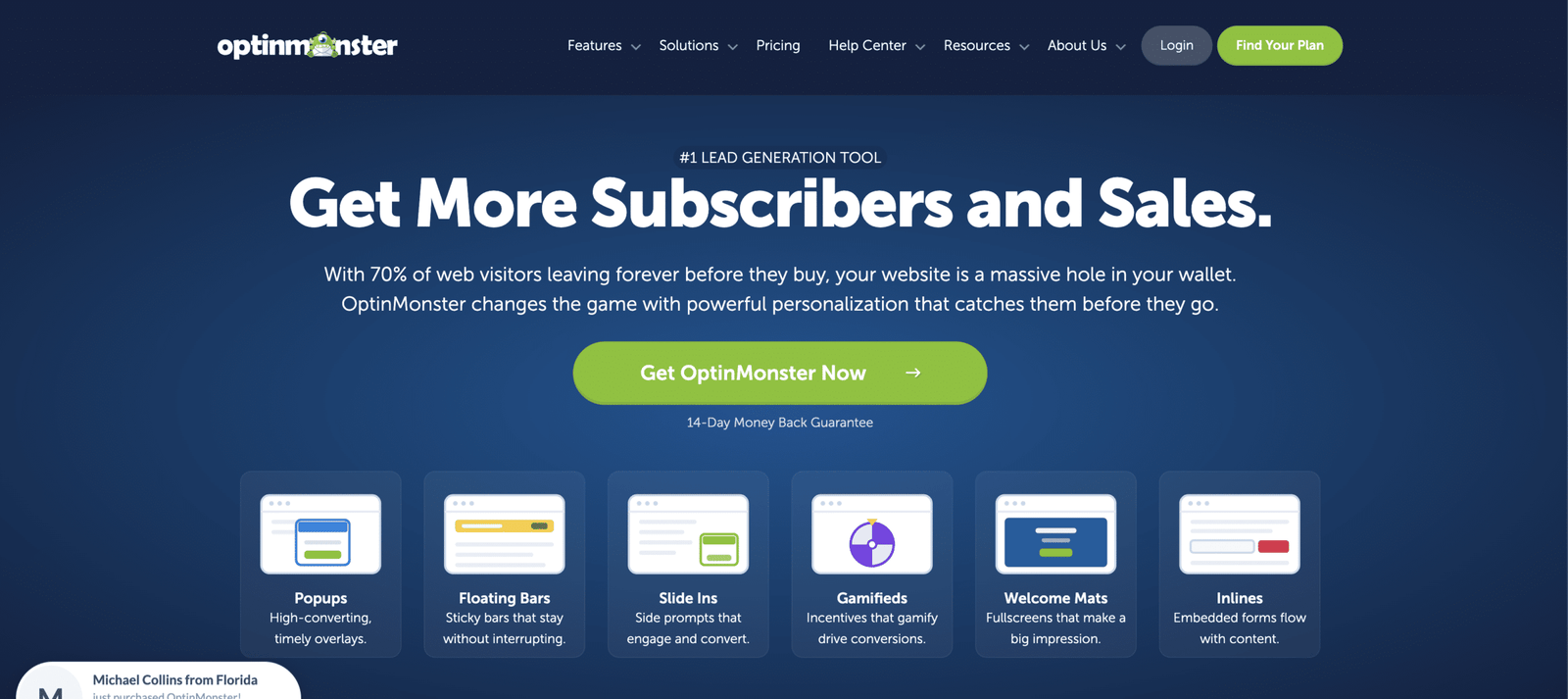 Image showing Optinmonster website homepage.