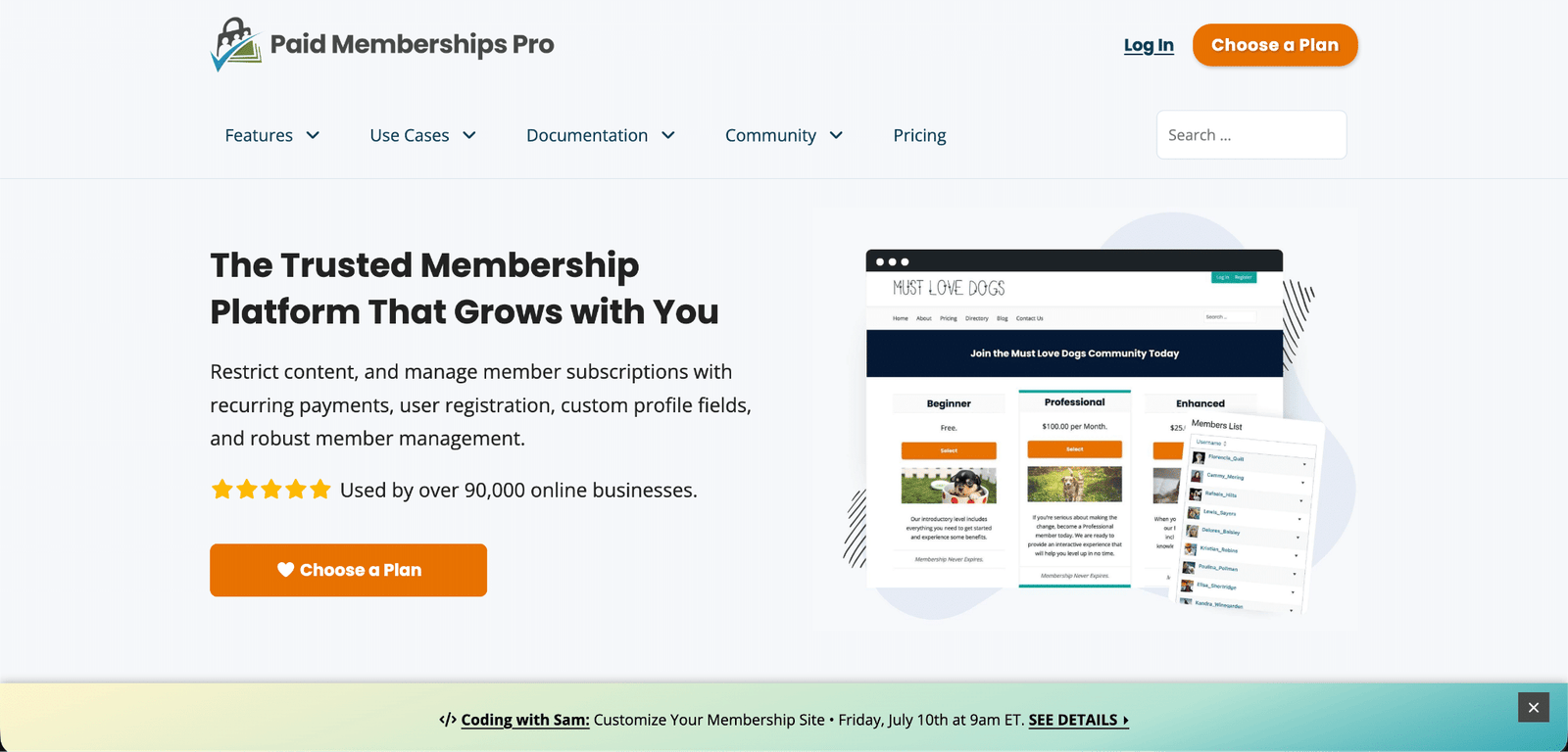 Image showing Paid Memberships Pro website page.