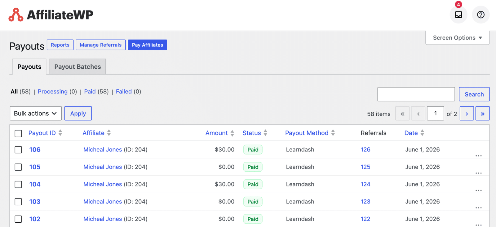 Image showing AffiliateWP payouts.