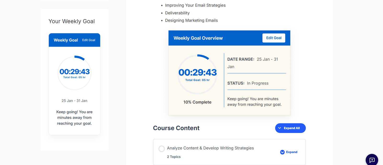 Image showing weekly goal overview, time spent with an extra widget.