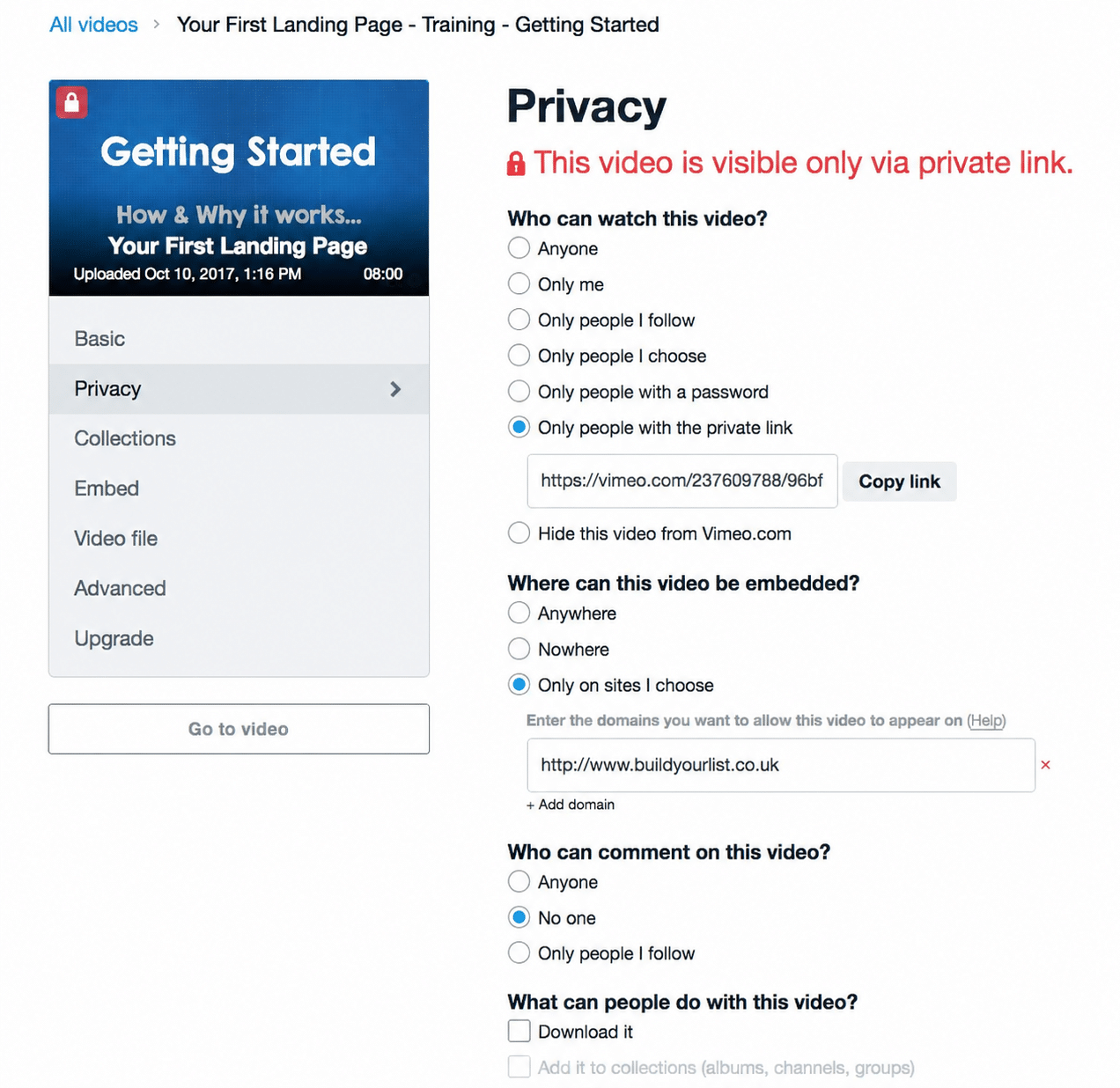 Image showing all videos privacy settings.