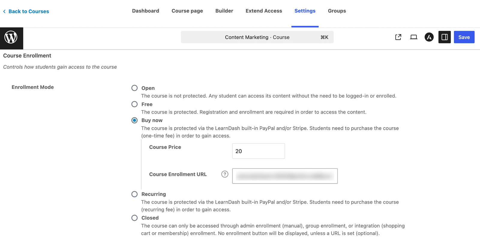 Image showing buy now settings.