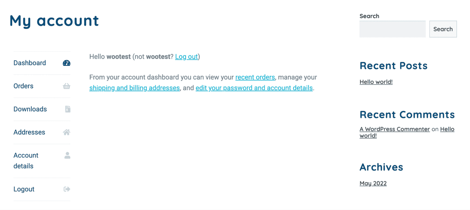 default woocommerce my account