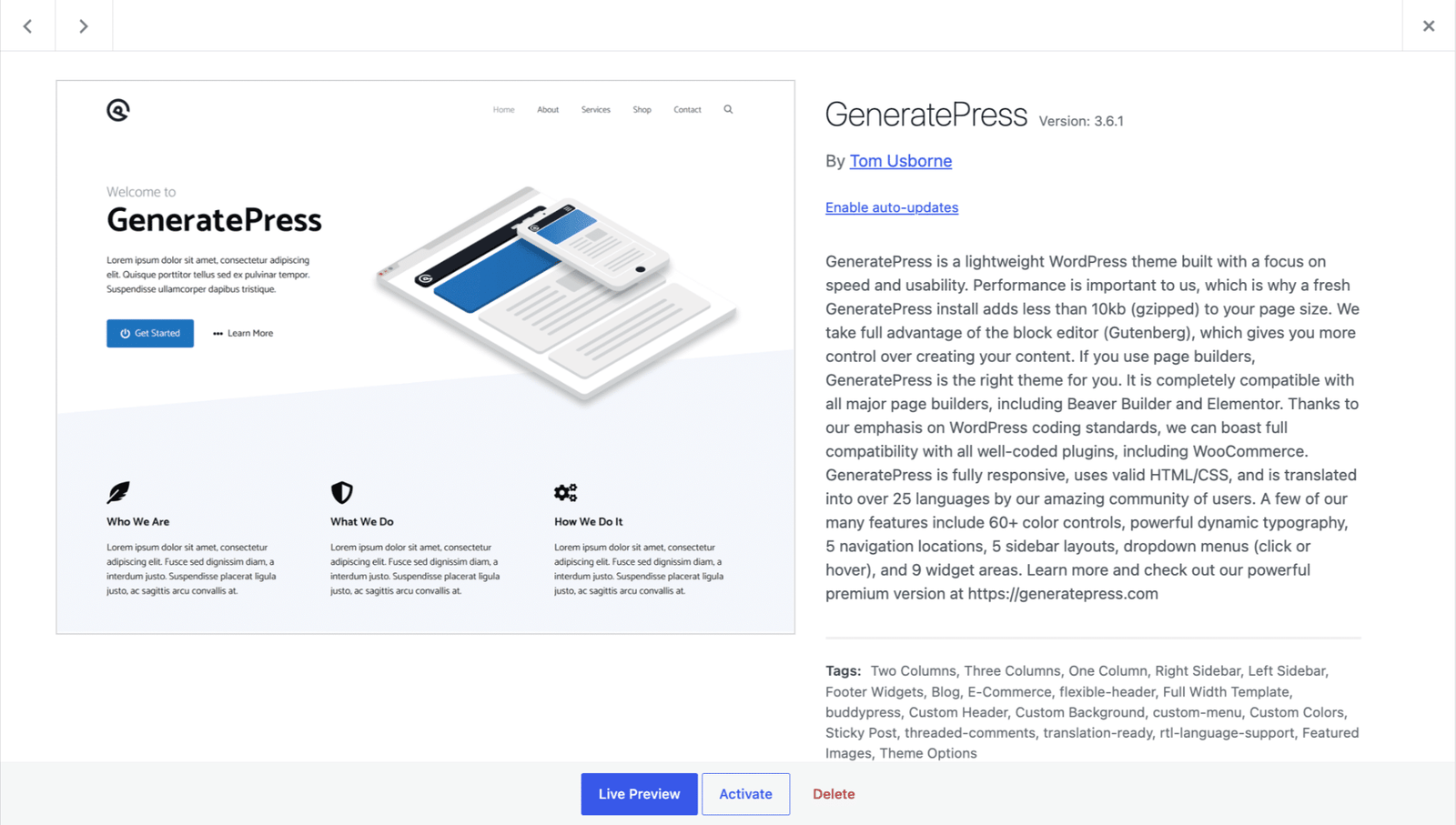 Image showing generatePress website page. 