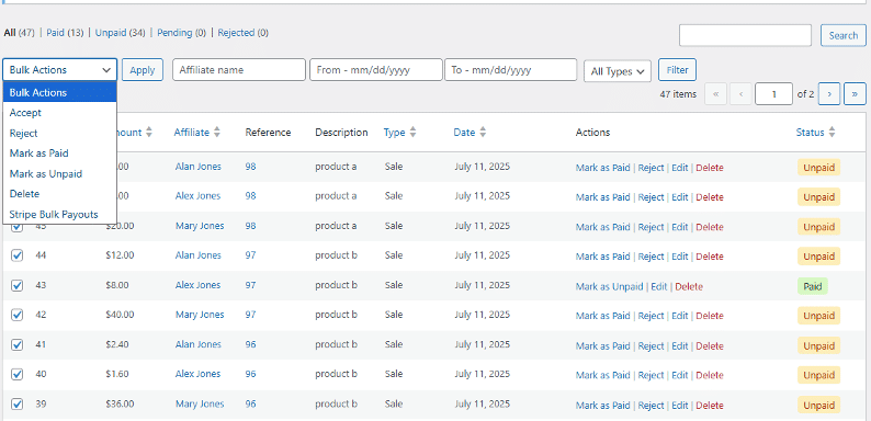 Image showing bulk action in WordPress.
