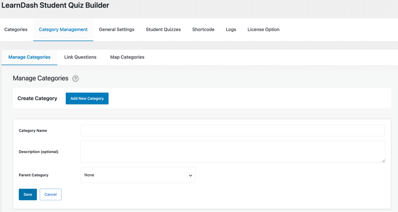 Image showing learndash student quiz builder create and add new category.