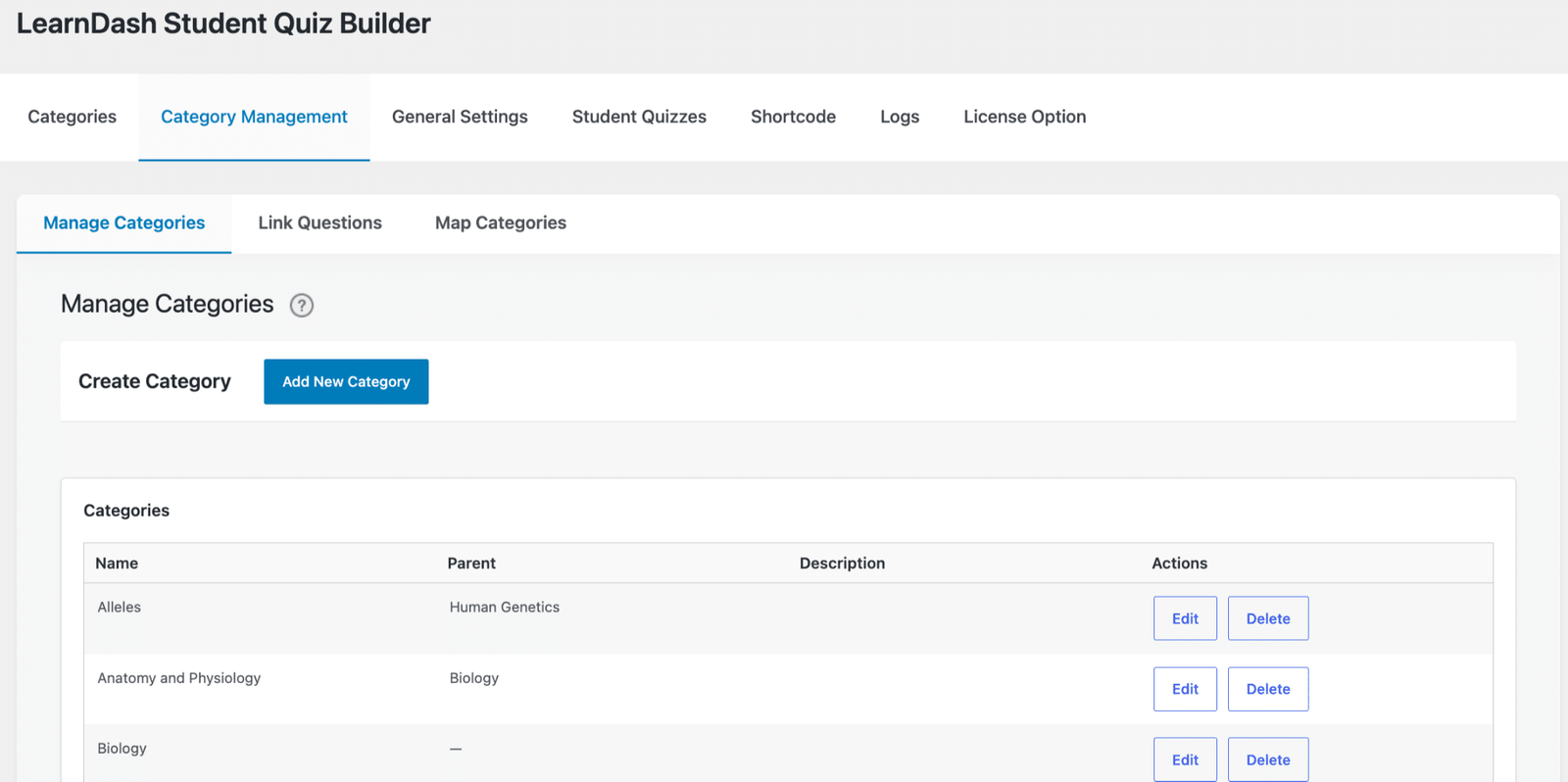 Image showing learndash student quiz builder category management. 