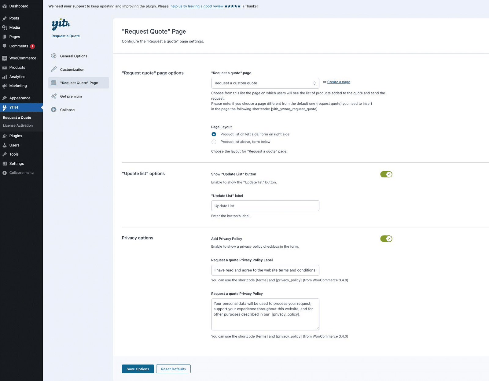 Image showing YITH request Quote page.
