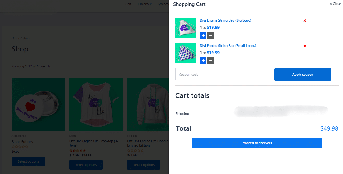 Image showing selected items in the shopping cart.
