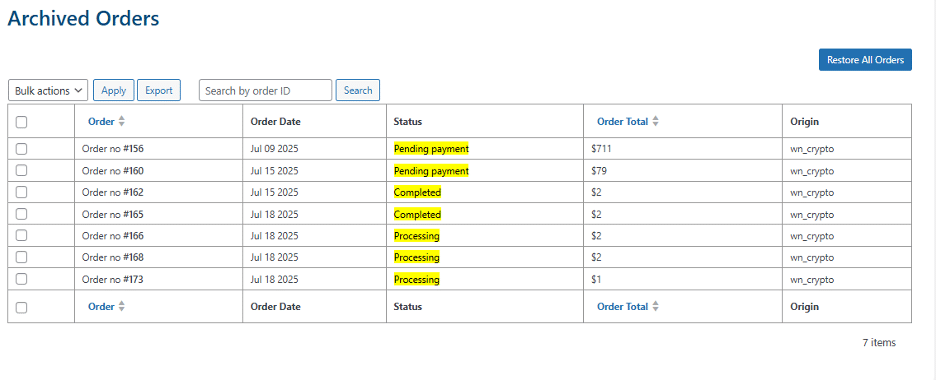 Image showing all the archived orders .