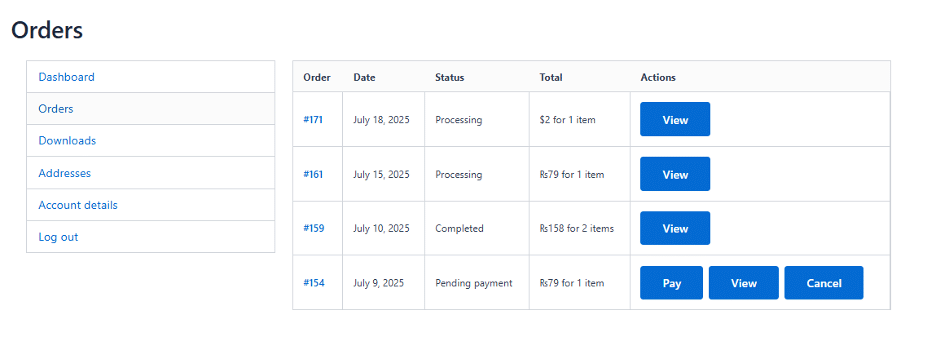 Image showing all orders with it's date, status, total and actions.