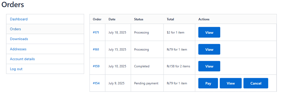 Image showing all orders with it's date, status, total and actions.