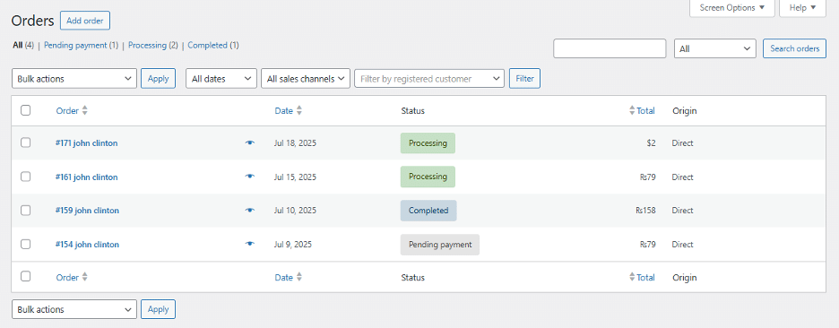 Image showing all orders, it's dates and status.