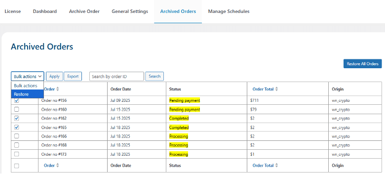 Image showing the archived orders.