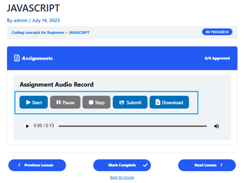 Image showing JAVASCRIPT assignment audio record options.