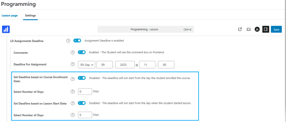 Image showing how to set Deadline Based on Course Enrollment Date and Set Deadline Based on Lesson Start Date