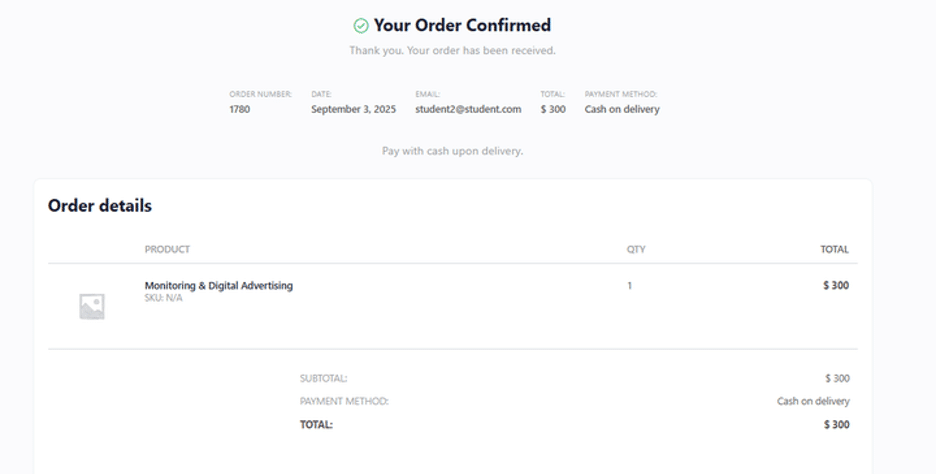 Image showing confirmed order receipt.