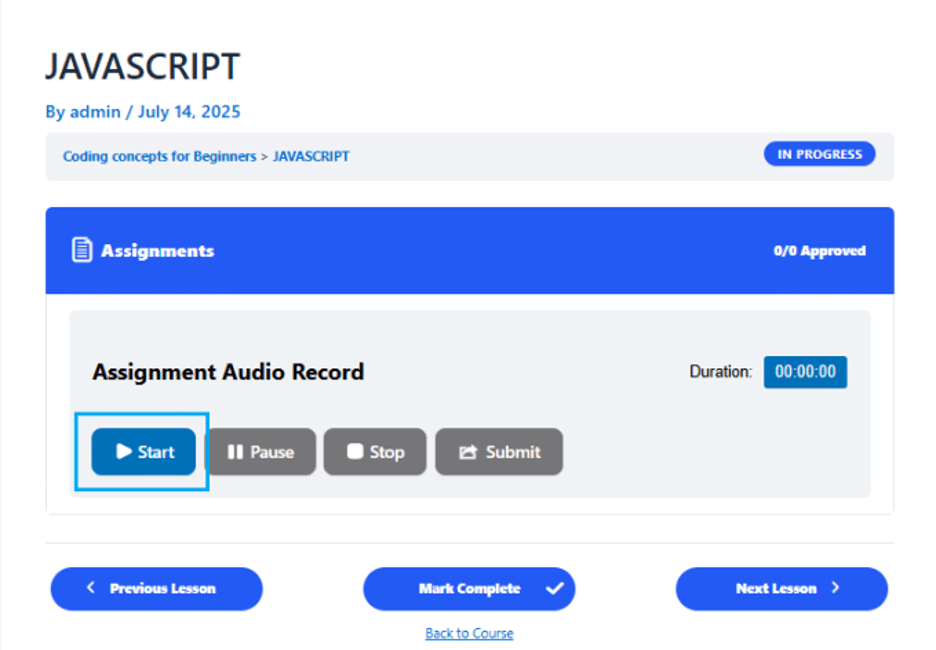 Image showing javascript assignment audio record start.