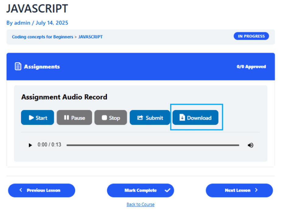 Image showing javascript assignment audio record download.