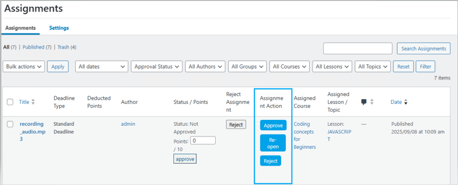 Image showing reopen and reject assignments.