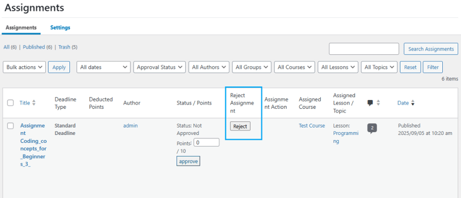 Image showing how to reject assignment.