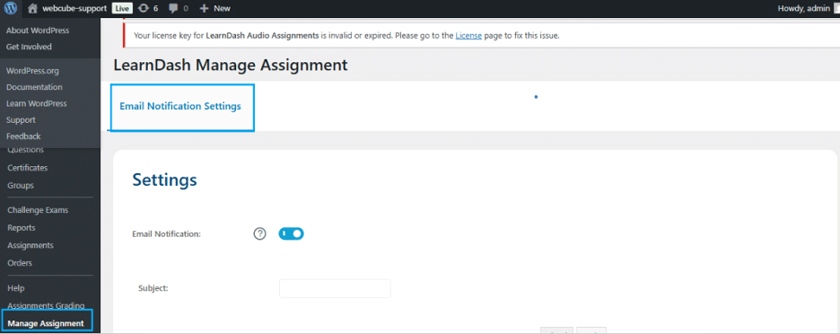 Image showing LearnDash Manage assignments settings.