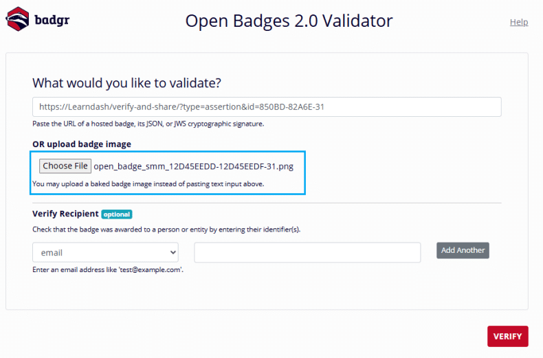 Image showing how you can open the Badge 2.0 validator and upload it to BadgeCheck.io.