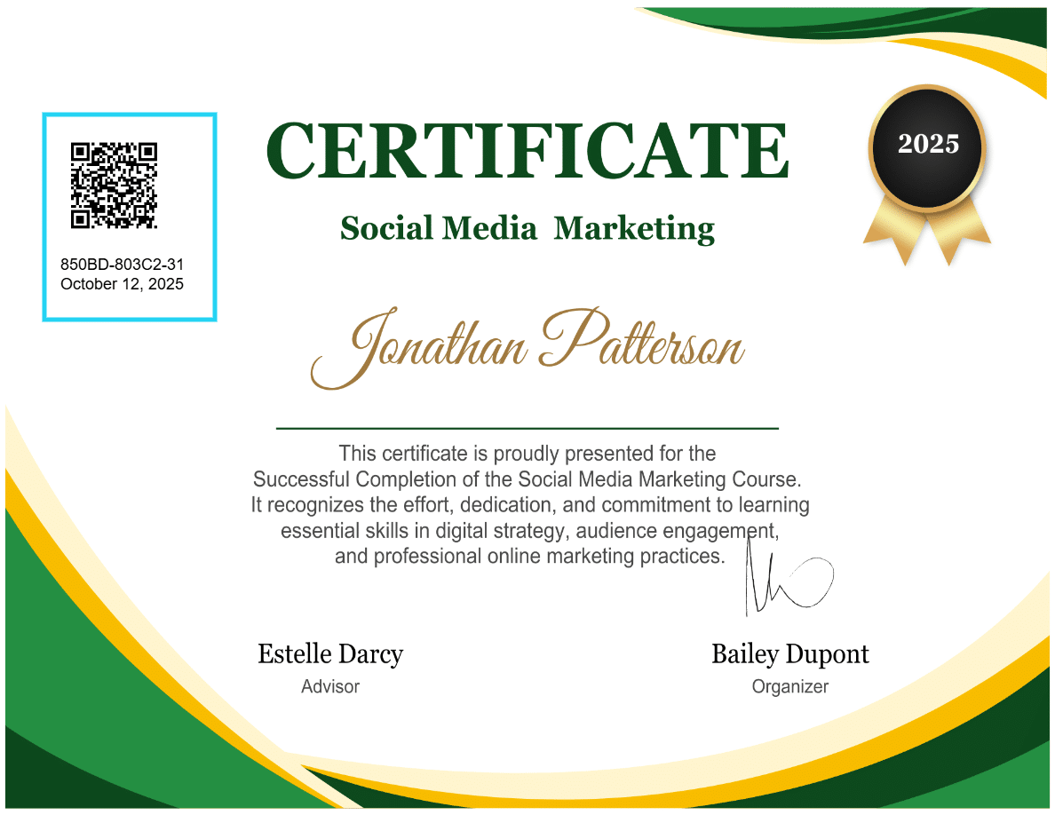 Image showing certificate of social media marketing that has been given to Jonathan Patterson.