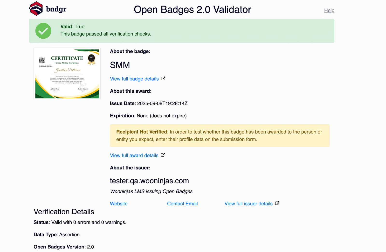 Image showing how BadgeCheck.io will confirm whether the badge is valid and display its details.