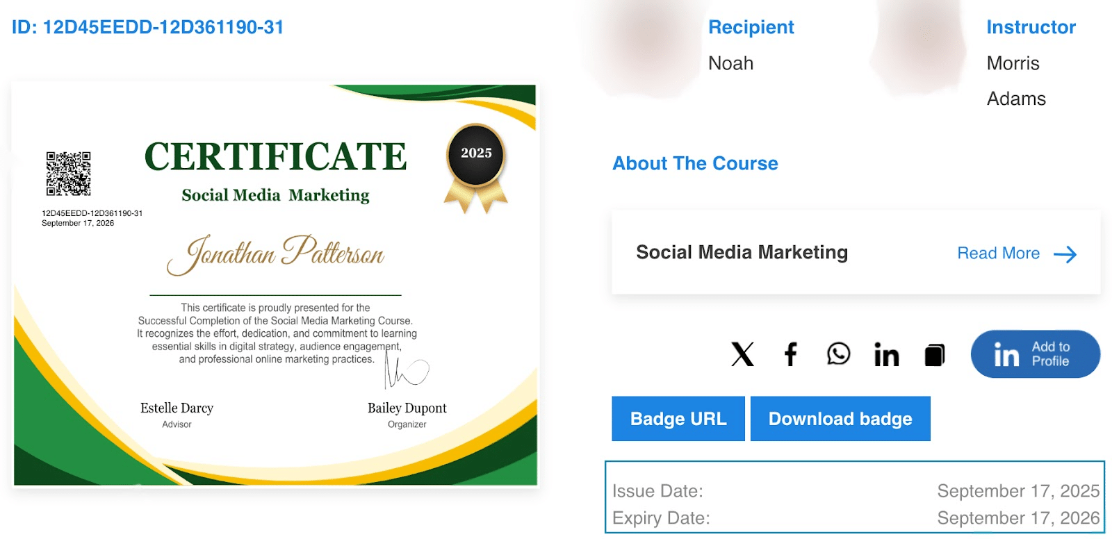 Image showing the issue date and expiry date of the certificate of social media marketing.