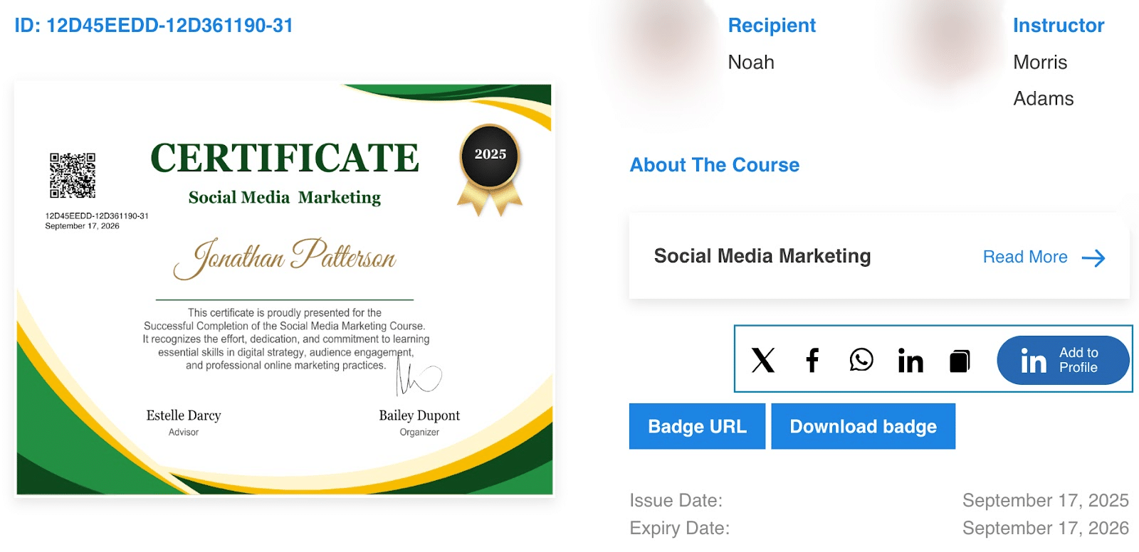 Image showing how you can share the certificate of social media marketing on social media.