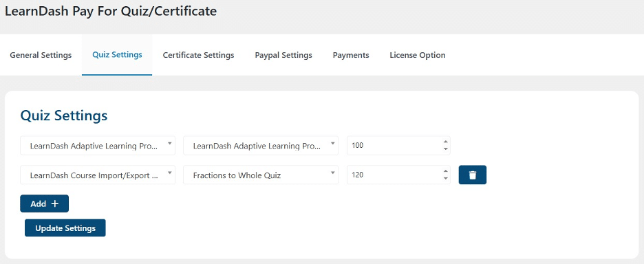 Image showing LearnDash pay for Quiz/Certificate and it's settings.