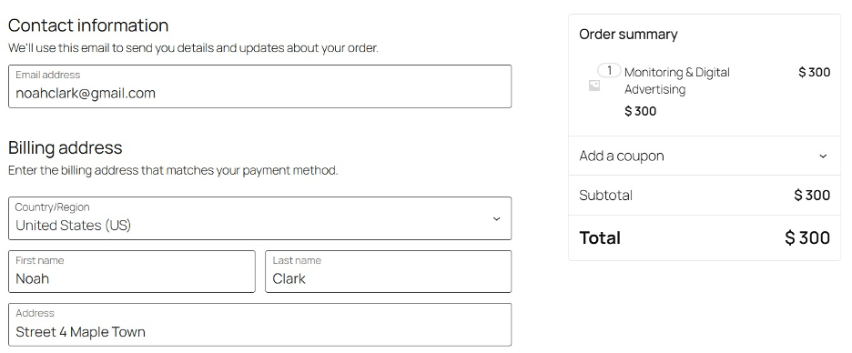Image showing contact information, billing address, and order summary.