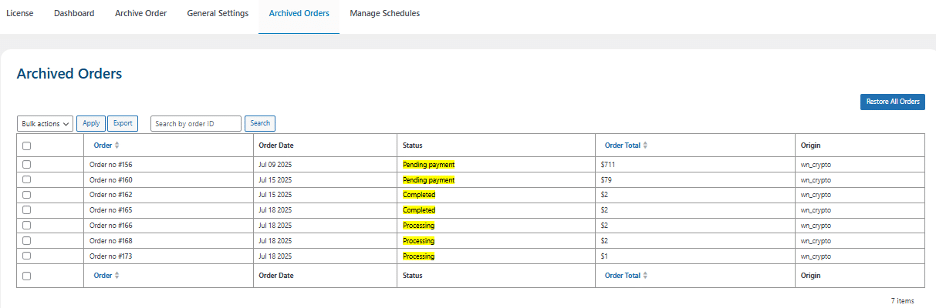Image showing a list of the archived orders.