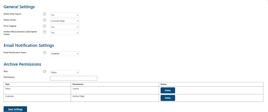 Image showing the general settings of the WooCommerce Auto Archive Order add-on.