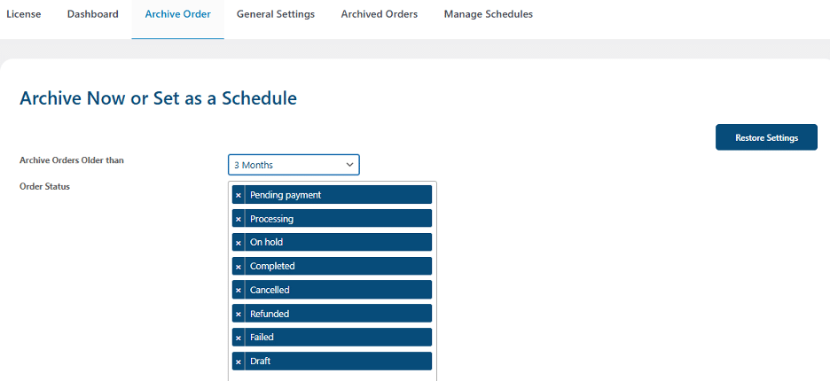 Image showing a schedule to archive WooCommerce orders.