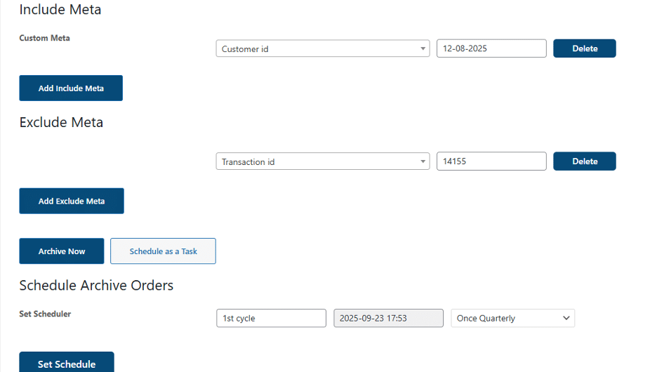 Image showing how you can include and exclude meta and schedule archived orders.