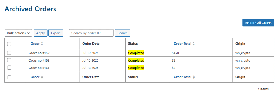 Image showing a short list of archived orders.