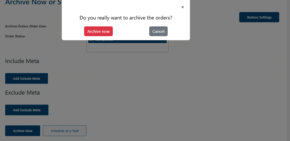 Image showing a warning action if really want to archive the orders or not.
