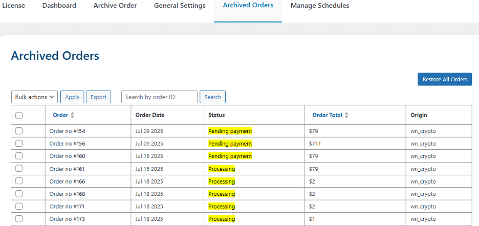 Image showing a list if archived orders from July.