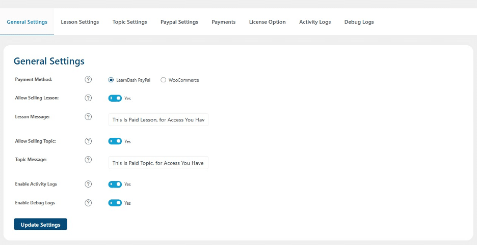 Image showing the general settings on LearnDash monetization.