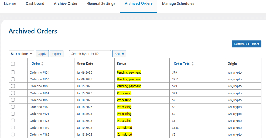 Image showing the archived orders in your woocommerce store.