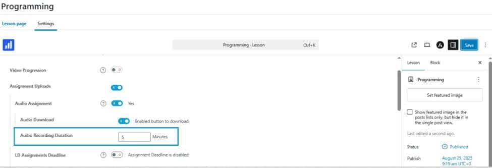 Image showing how to set audio recording duration.
