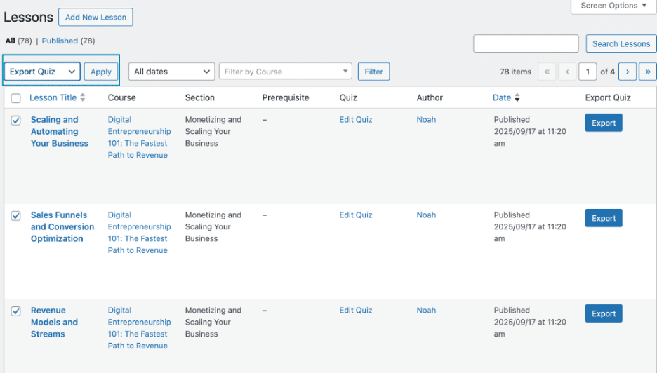 Image showing how to add new lessons for export quiz.