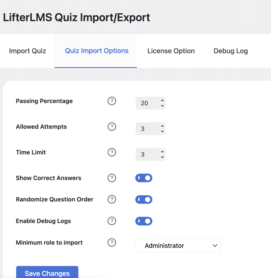 Image showing LifterLMS quiz import/export options. 
