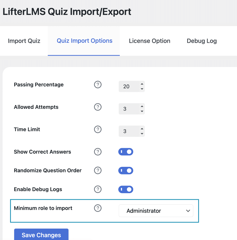 Image showing LifterLMS Quiz import/export minimum role to import. 