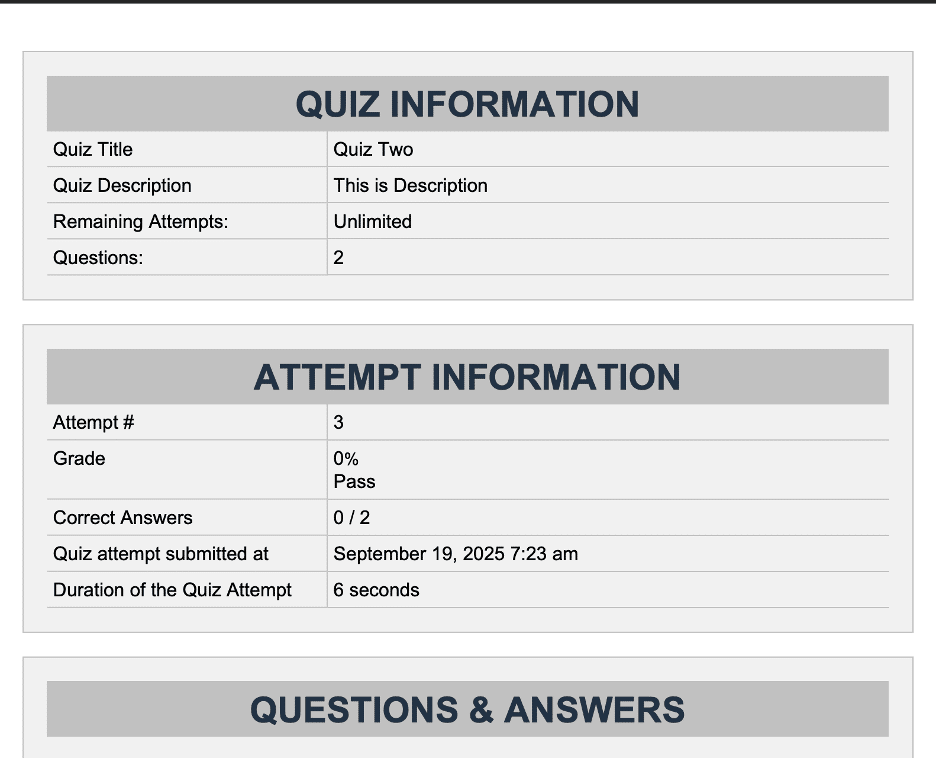 Image showing quiz information, attempt information and the questions and answers. 