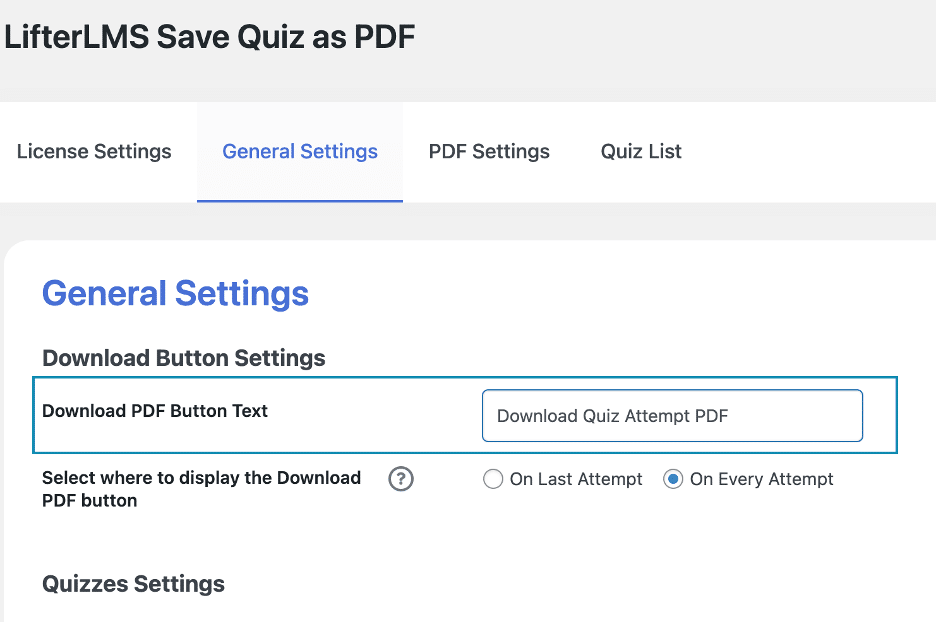 Image showing LifterLMS save quiz as PDF general settings. 