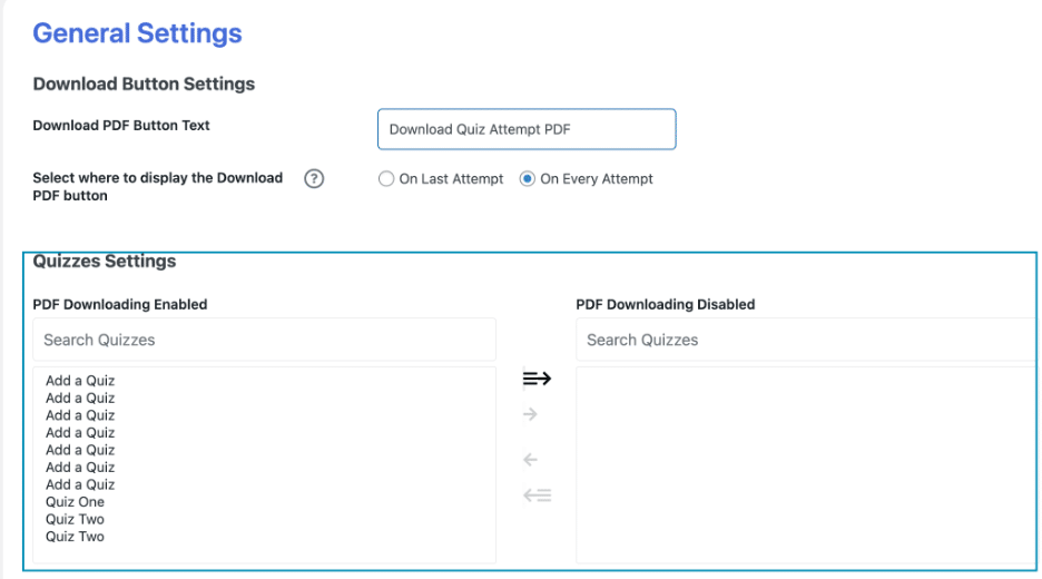 Image showing the general settings then quizzes settings.